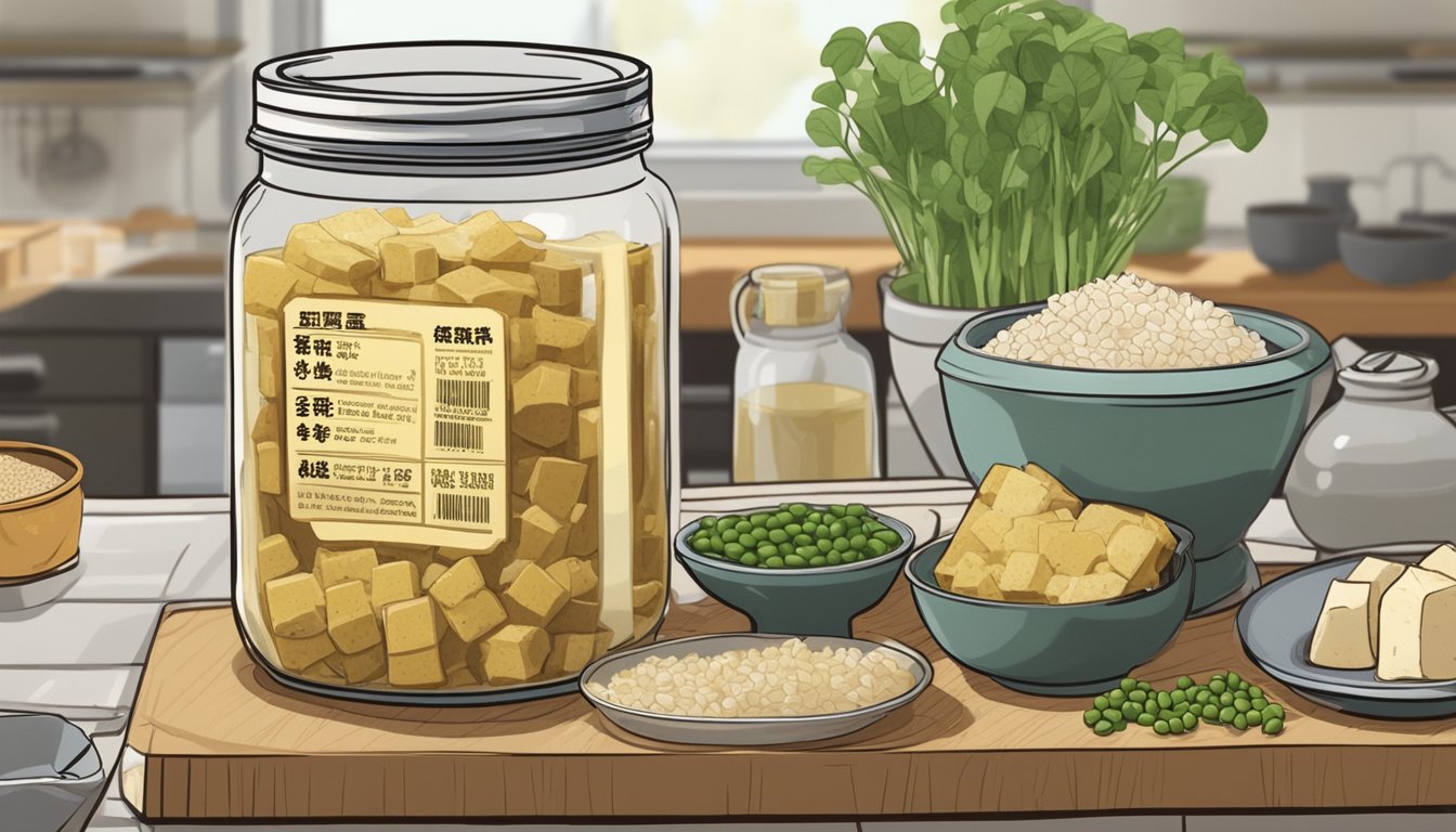 A bubbling jar of stinky tofu sits on a kitchen counter, surrounded by ingredients like soybeans, rice wine, and ginger. A label indicates the health benefits and nutritional value of the fermented dish