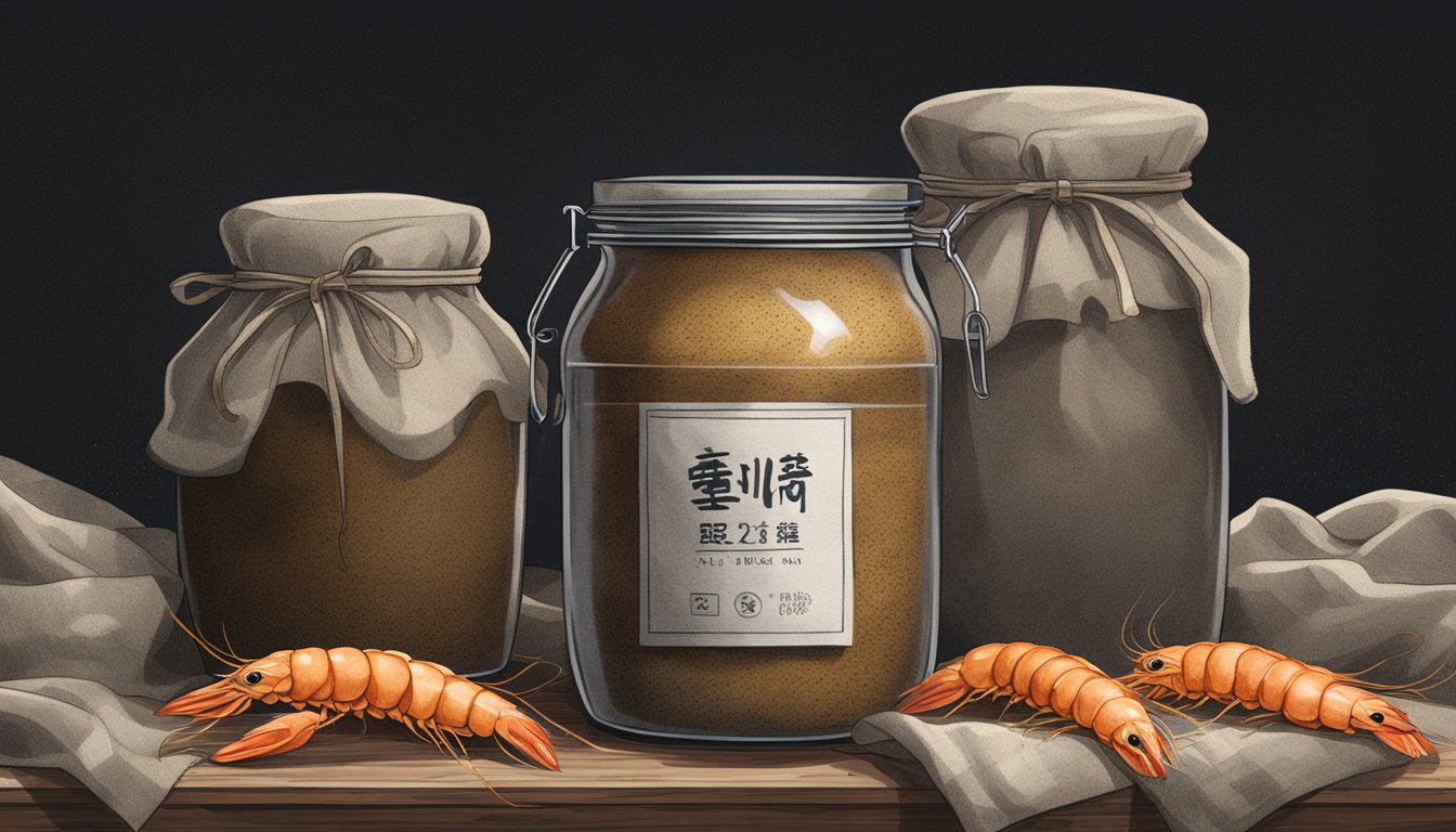 A large jar filled with shrimp paste and salt, covered with a cloth, sitting in a warm, dark place for fermentation