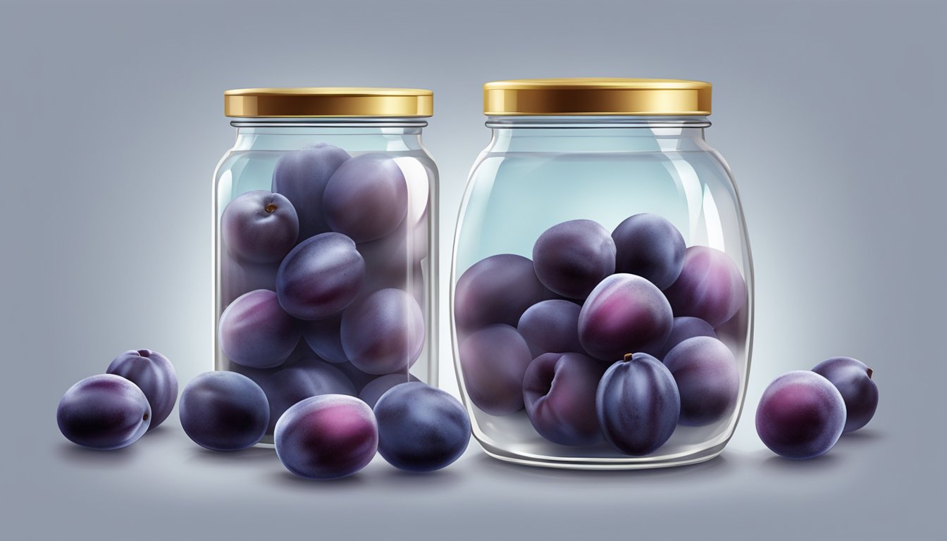 A clear glass jar filled with sliced plums and sugar, mixed with water, and covered with a breathable cloth secured with a rubber band