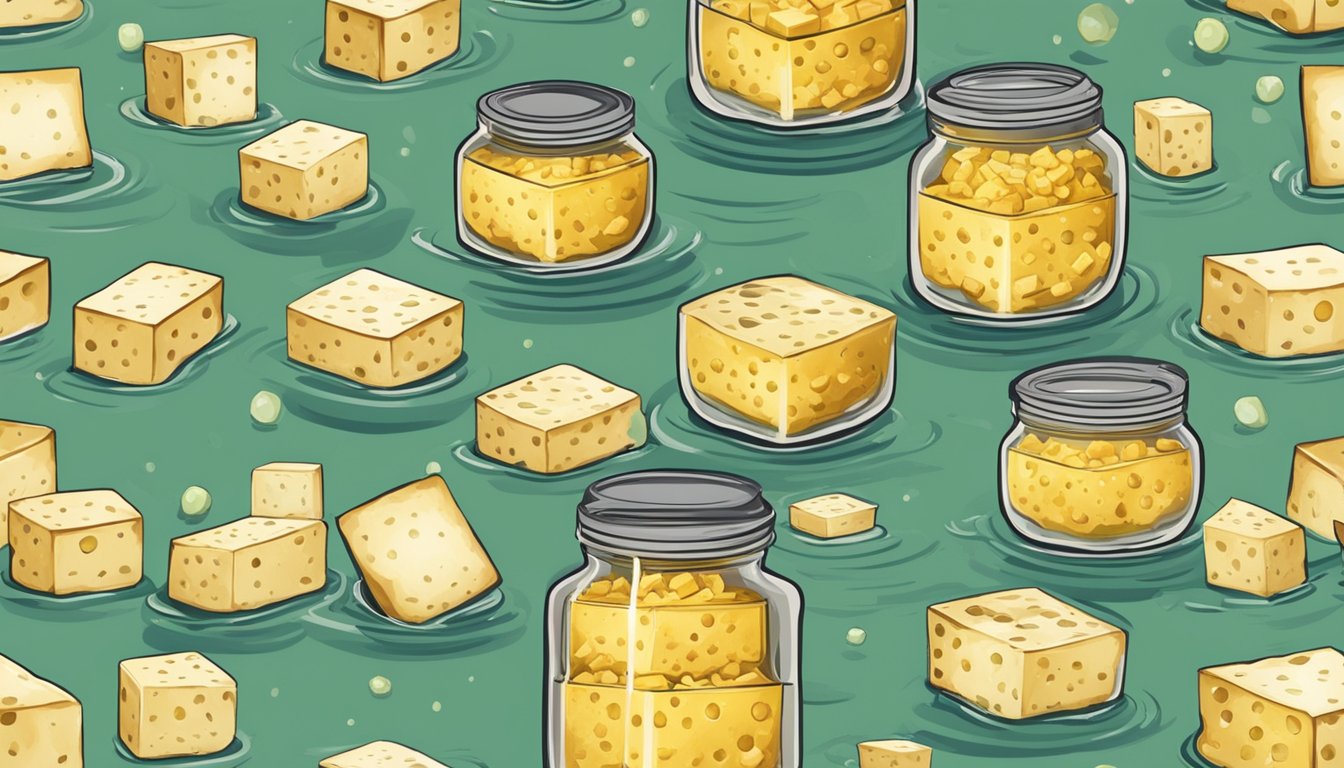 A glass jar filled with cubed tofu submerged in a murky, bubbling liquid. A lid with holes sits on top, allowing the pungent aroma of fermenting stinky tofu to escape