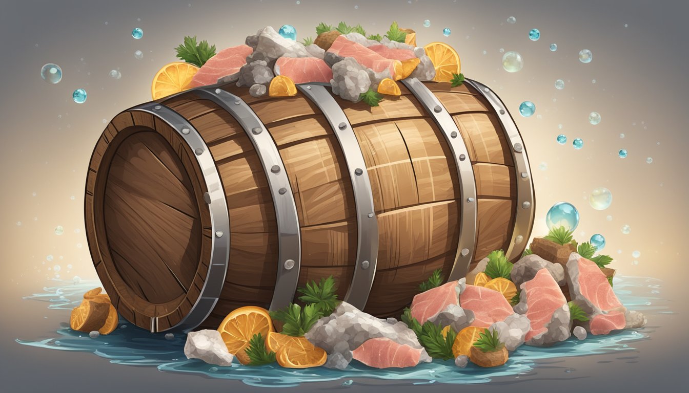 A wooden barrel filled with chunks of shark meat, surrounded by a pungent odor, bubbles of fermentation visible