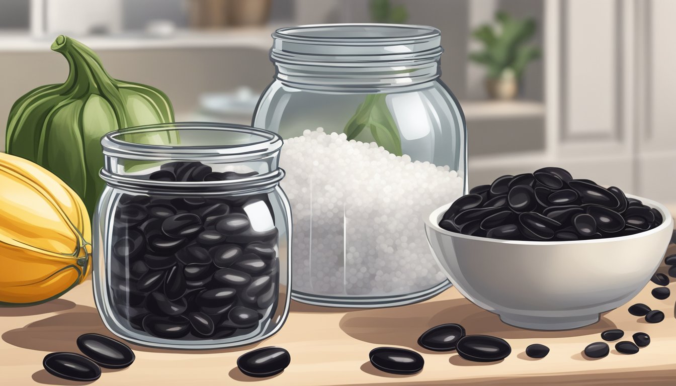 Black beans in a glass jar, covered with a cloth, sitting on a countertop next to a bowl of salt and a small dish of water