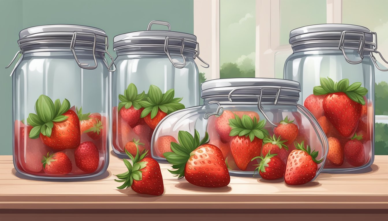 Fresh strawberries being washed, hulled, and cooked in a large pot with sugar, then poured into glass jars and sealed for homemade strawberry jam canning