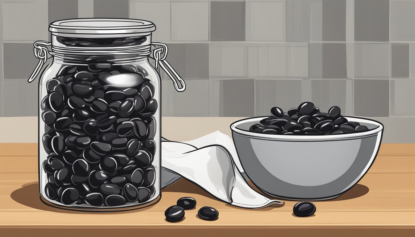 A glass jar filled with black beans, covered with a cloth and secured with a rubber band, sits on a kitchen counter next to a bowl of salt