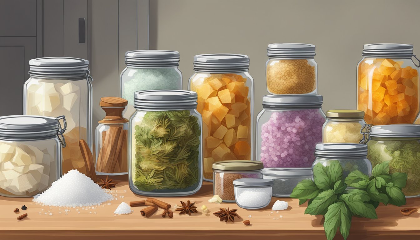 A glass jar filled with chunks of fermented hkarl surrounded by ingredients like salt, water, and spices, sitting on a kitchen counter