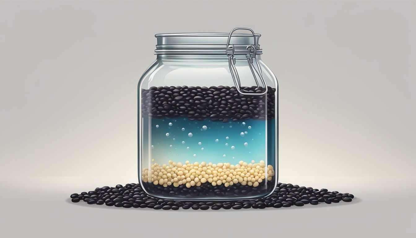 A glass jar filled with black beans submerged in brine, bubbles rising to the surface as the fermentation process begins