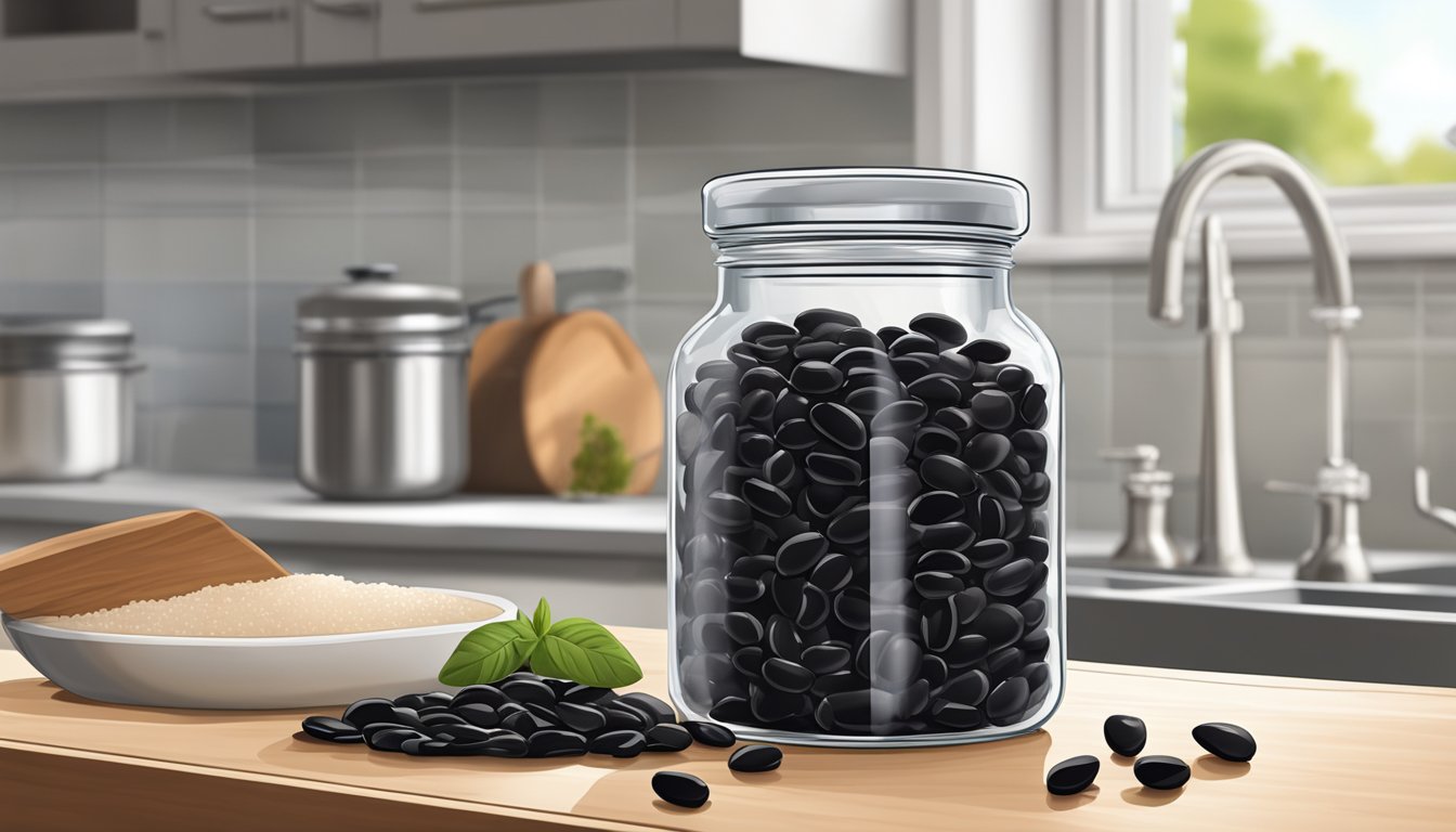 A glass jar filled with black beans, covered in a brine, sitting on a kitchen counter next to a small dish of salt