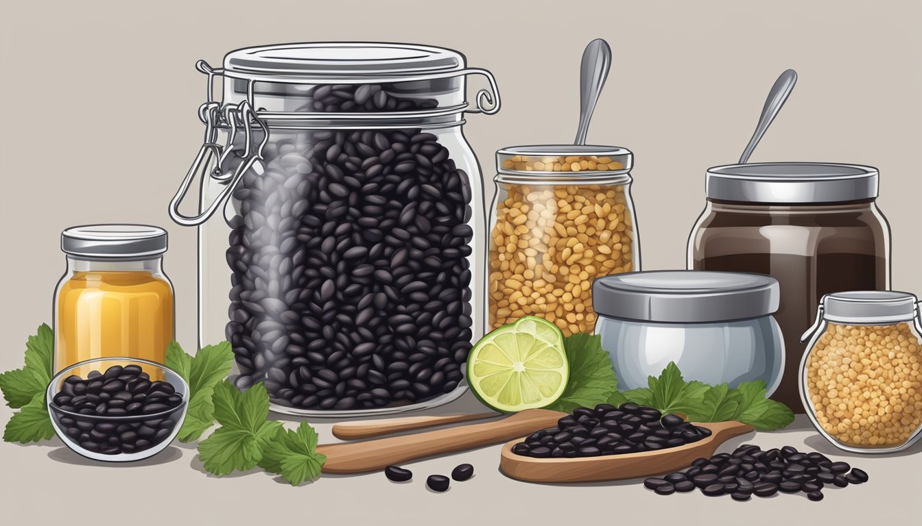 A glass jar filled with fermented black beans, surrounded by various ingredients and kitchen utensils