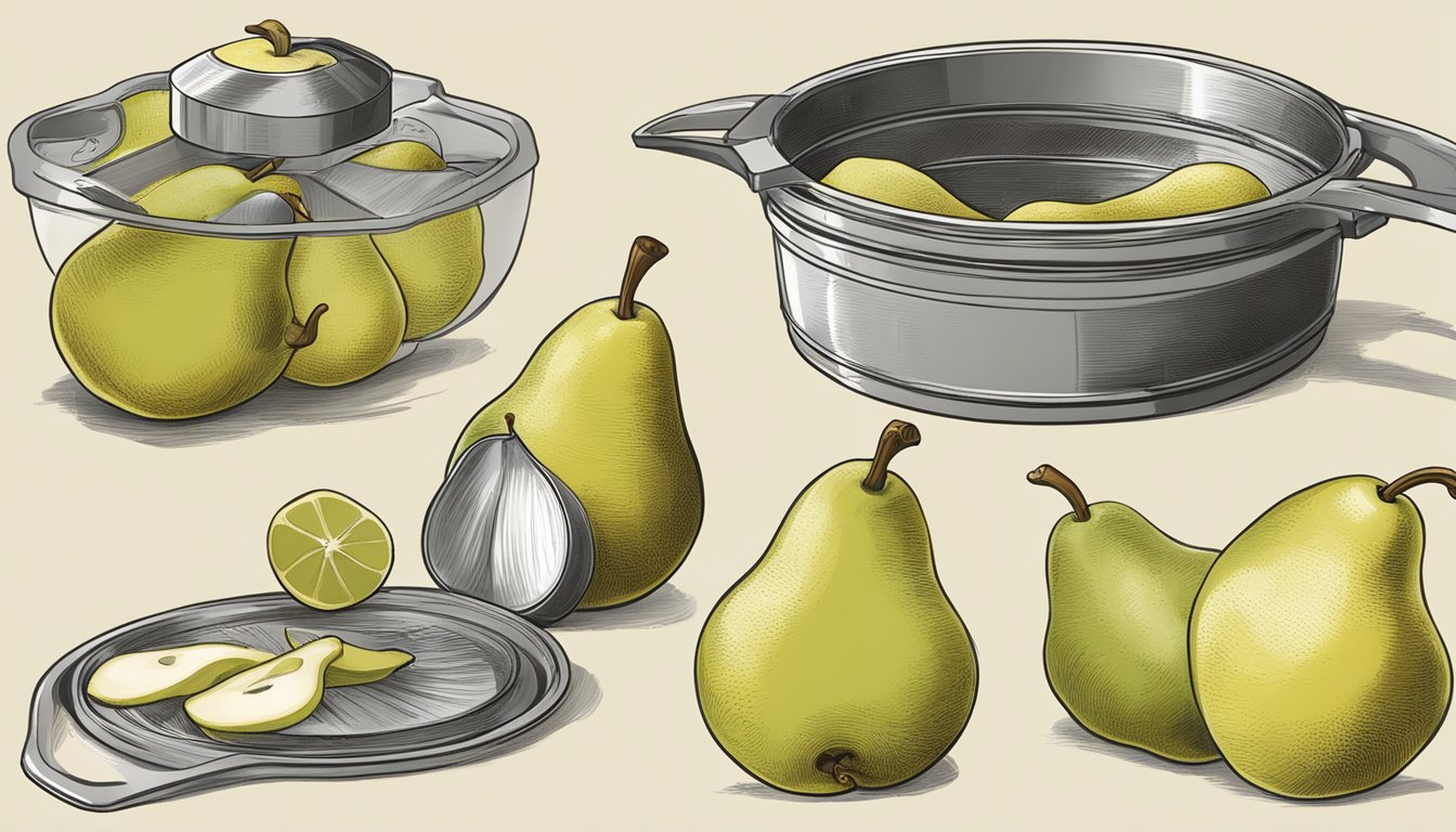 Pears being peeled, cored, and sliced for canning