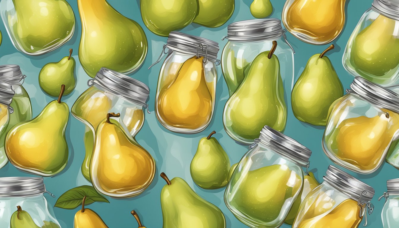 Pears being submerged in syrup and liquids in glass jars for canning