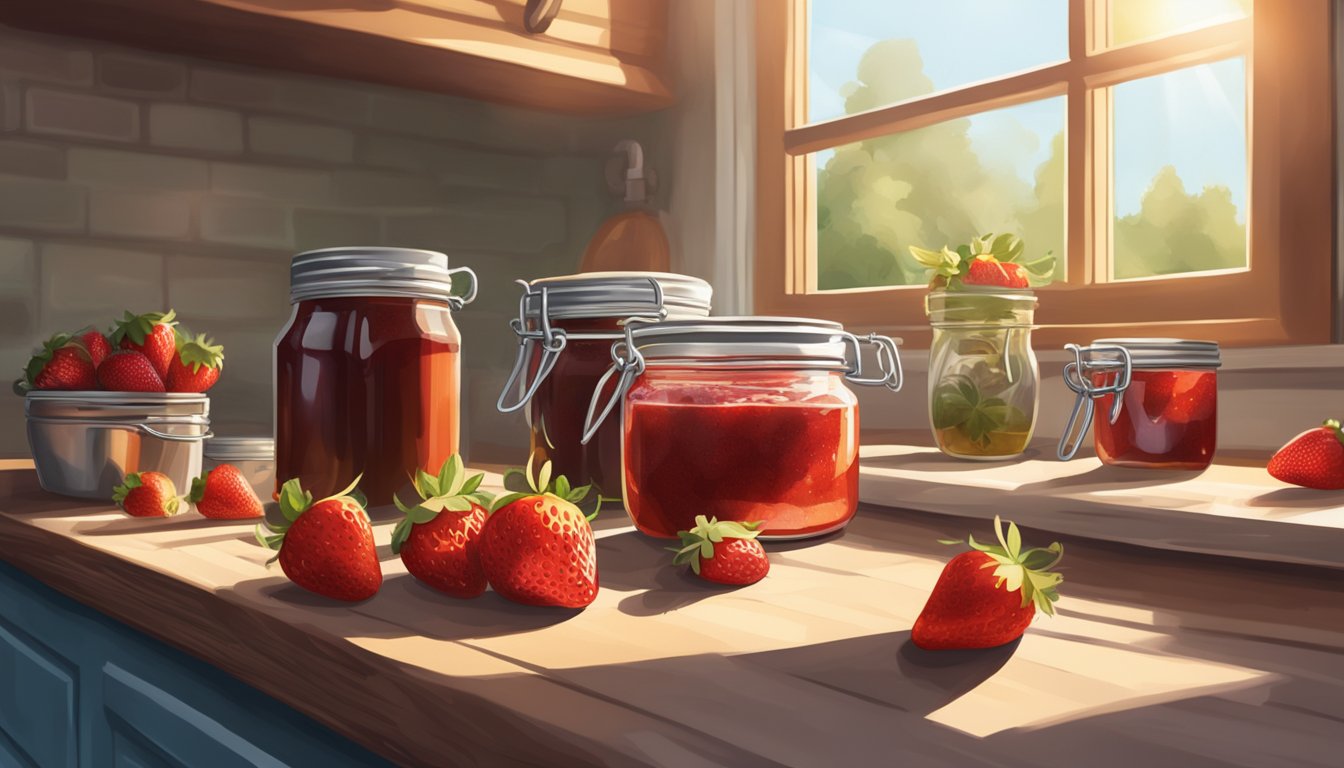 A rustic kitchen counter with jars of homemade strawberry jam, fresh strawberries, and canning equipment arranged neatly. Sunlight streams through the window, casting a warm glow on the scene