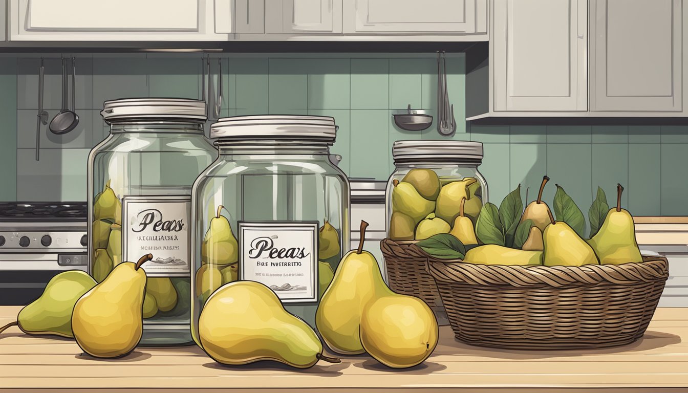 A kitchen counter with a row of glass jars filled with canned pears, a pot of boiling water, and a basket of fresh pears