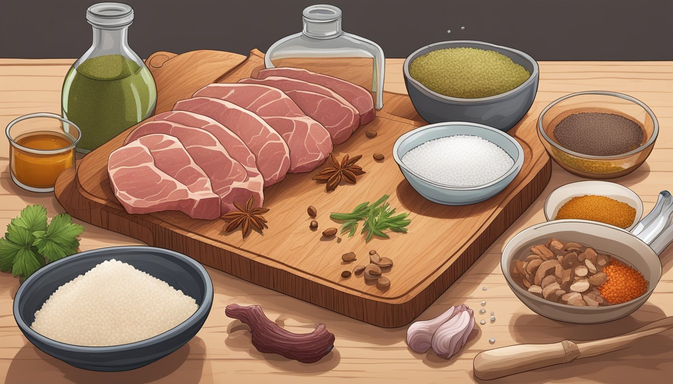 A wooden cutting board with various meats, spices, and casings laid out next to a bowl of salt and a glass jar of fermenting bacteria