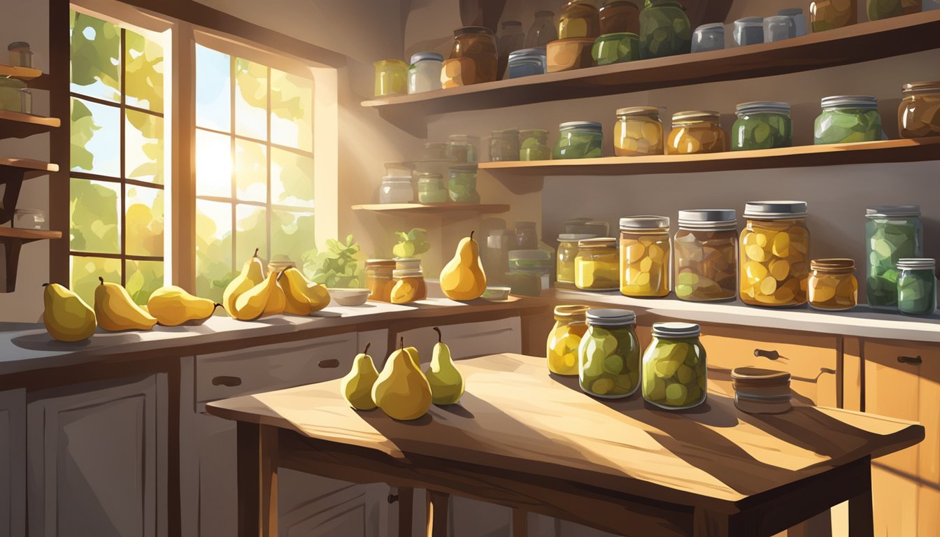 Rustic kitchen with shelves of canned pears, jars, and canning equipment on a wooden table. Sunlight streaming through window