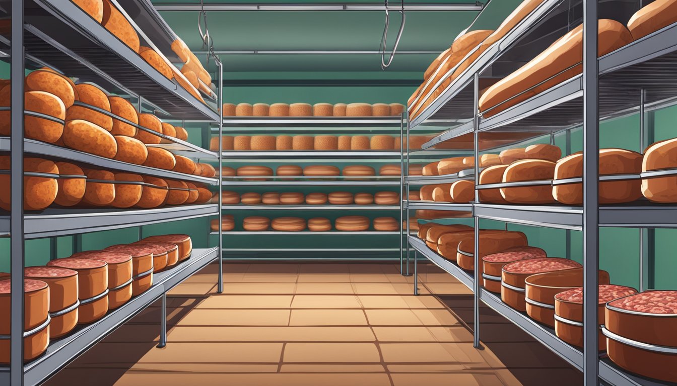 A temperature-controlled room with shelves of hanging salami and various containers for fermenting and aging