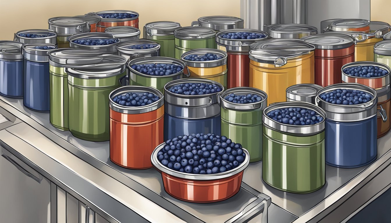 Blueberries being canned in a kitchen with various altitudes and pressure canners