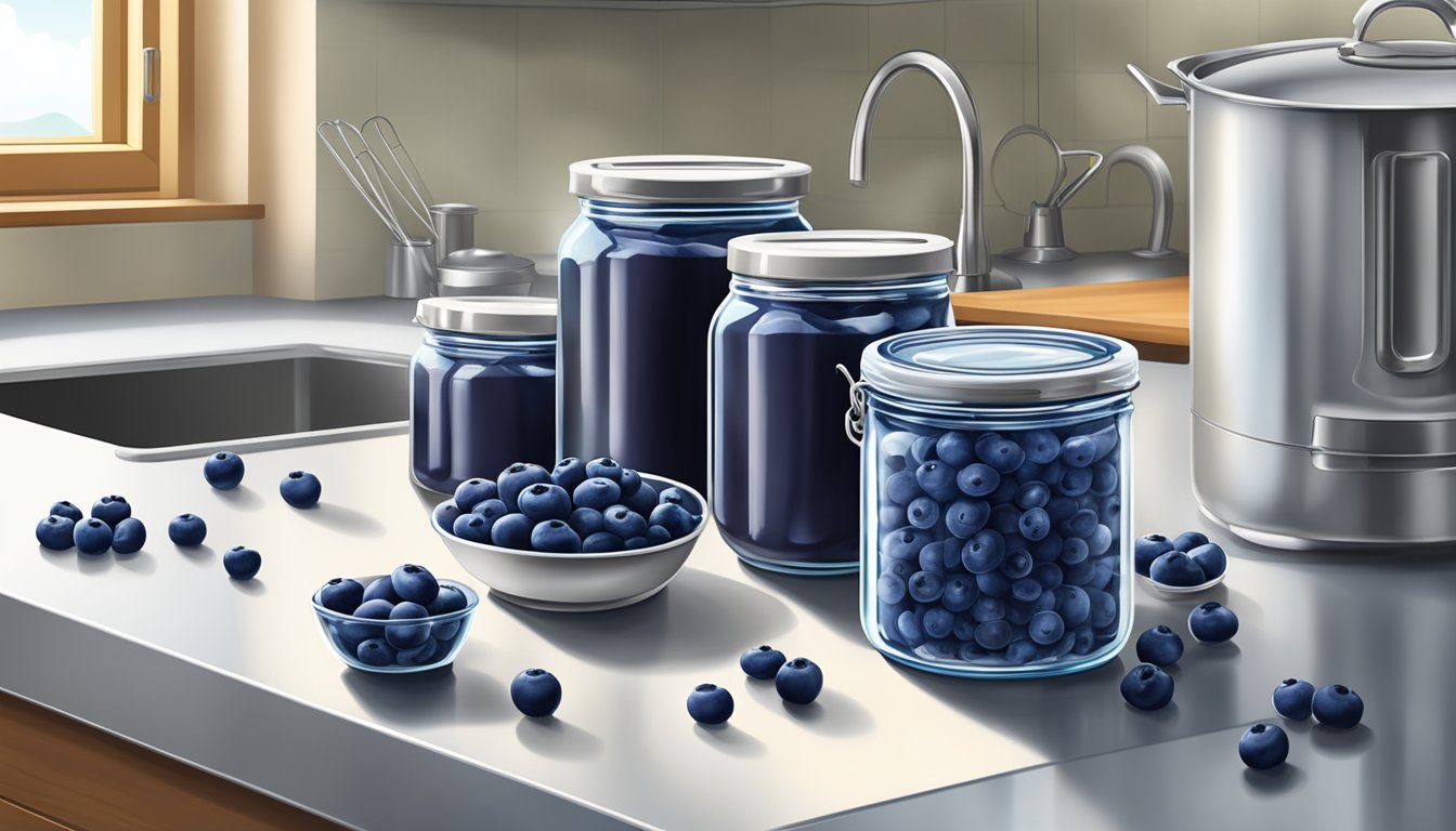 A kitchen counter with freshly canned blueberries in glass jars, a pot of boiling water, and a stack of lids and rings