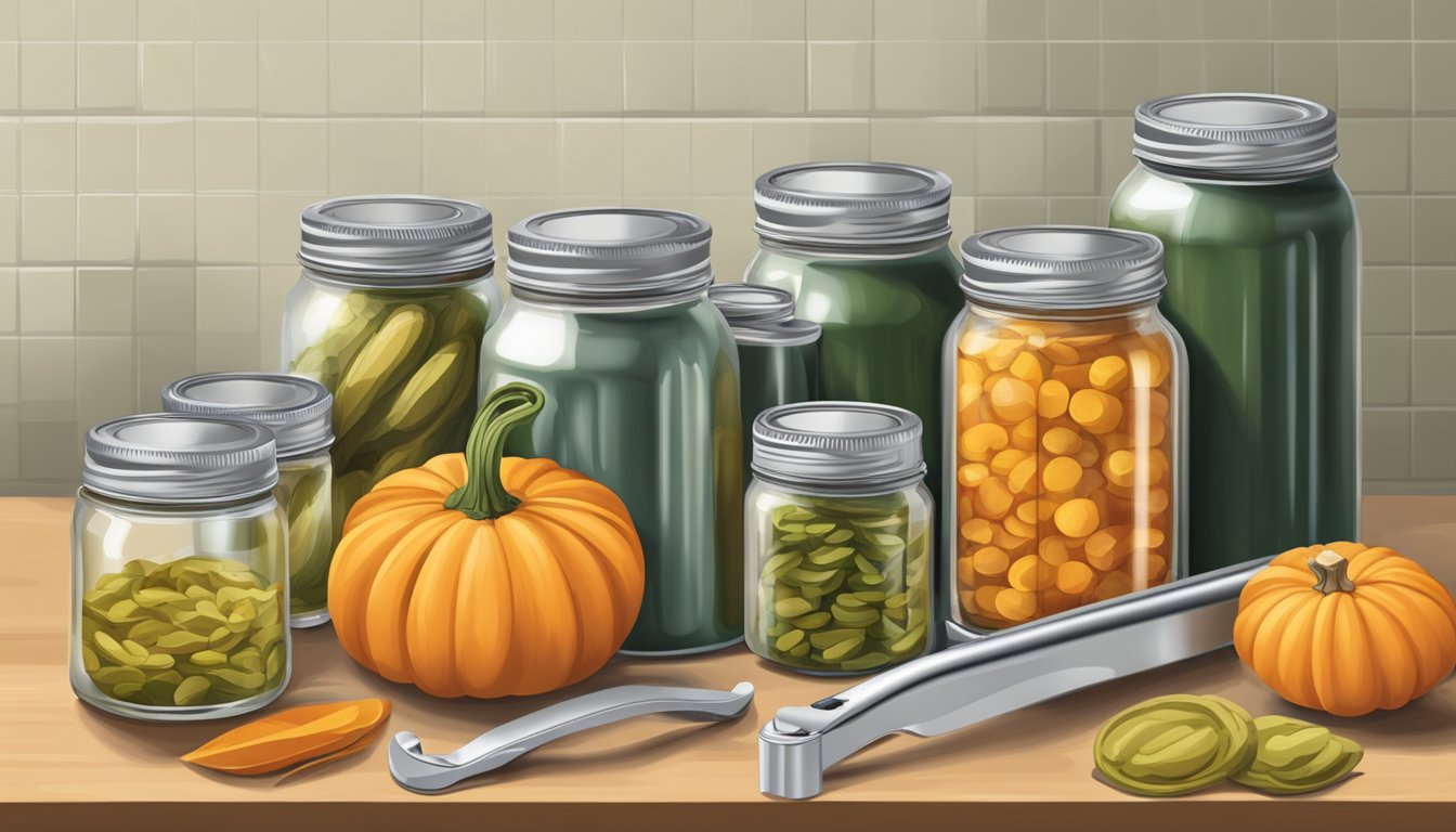 A kitchen counter with a can opener, pumpkin, and jars for canning