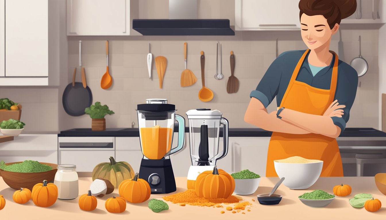 A person using a blender to puree chunks of pumpkin, with various ingredients and kitchen tools scattered around the counter