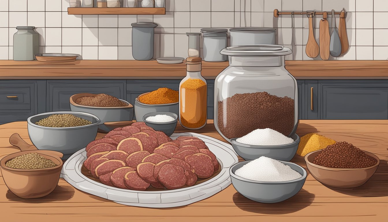 A butcher's table covered in various spices, garlic, and salt next to a large bowl of ground meat, all ready for the salami fermentation process