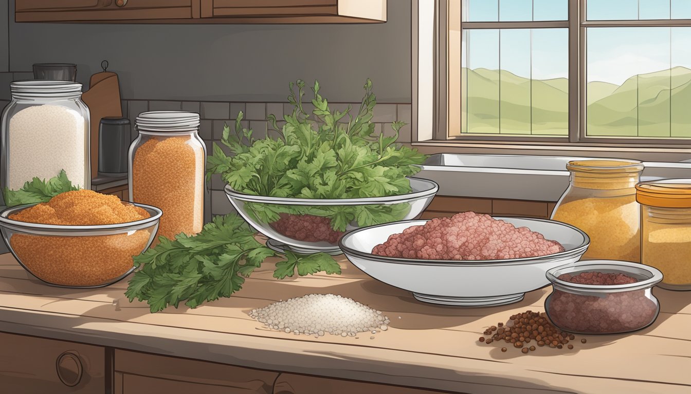 A kitchen counter with ingredients for salami fermentation: ground meat, salt, spices, and a bowl of fermenting mixture