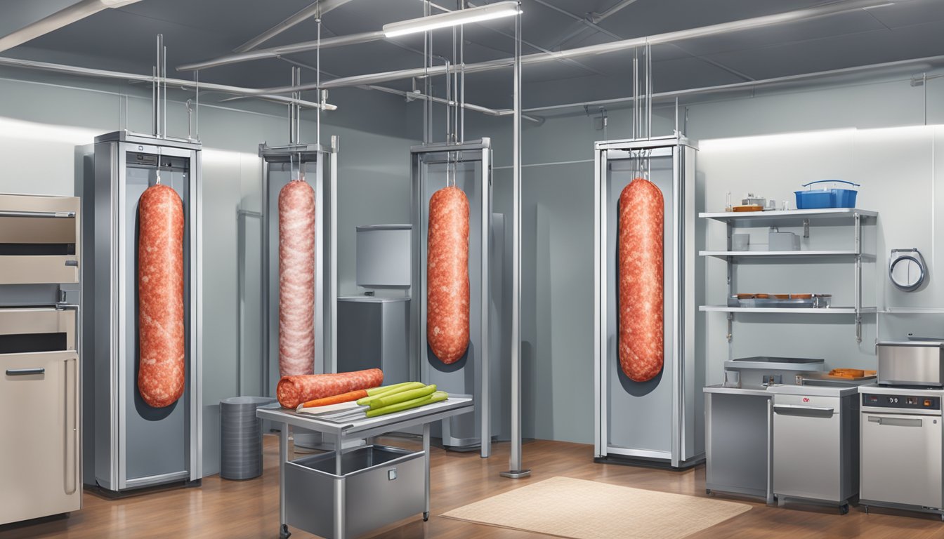 Salami hanging in a temperature-controlled room, surrounded by tools and equipment for quality assessment