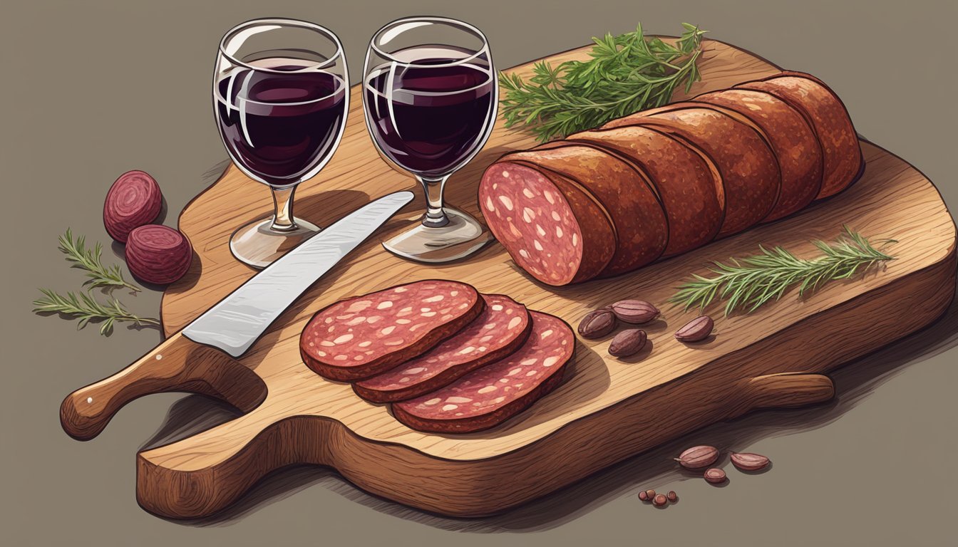 A rustic wooden cutting board with sliced salami, surrounded by herbs and spices. A glass of red wine sits nearby