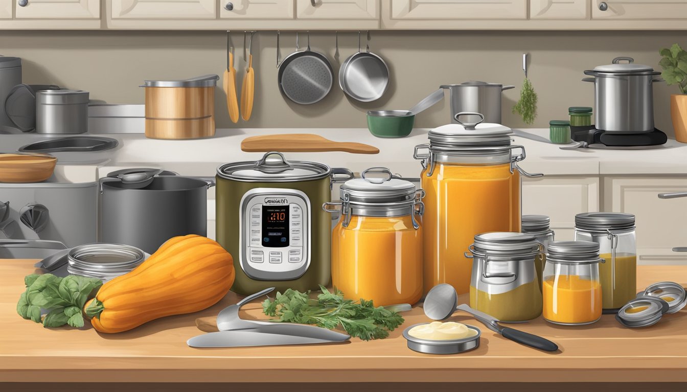 A kitchen counter with a pot of butternut squash soup, a pressure canner, and various canning tools and ingredients