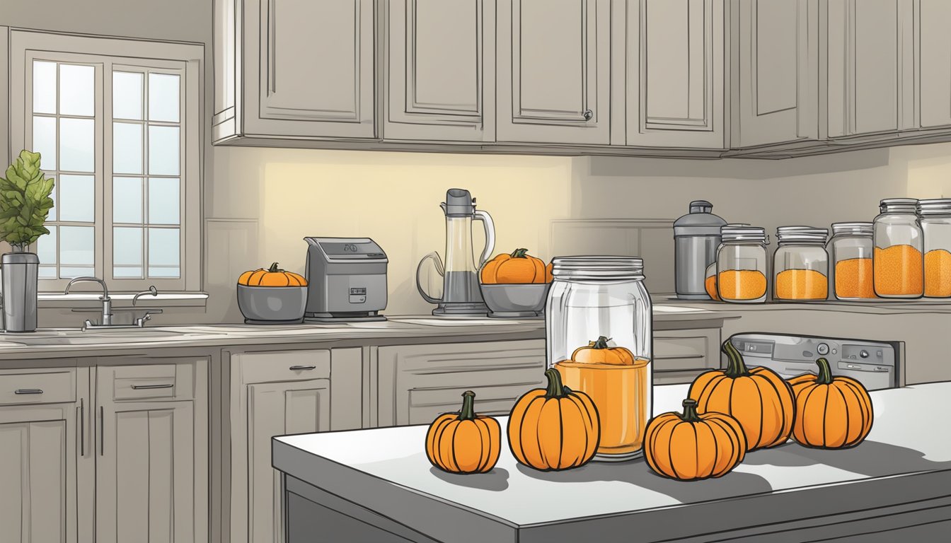 A kitchen counter with fresh pumpkins, a blender, and empty glass jars ready for canning