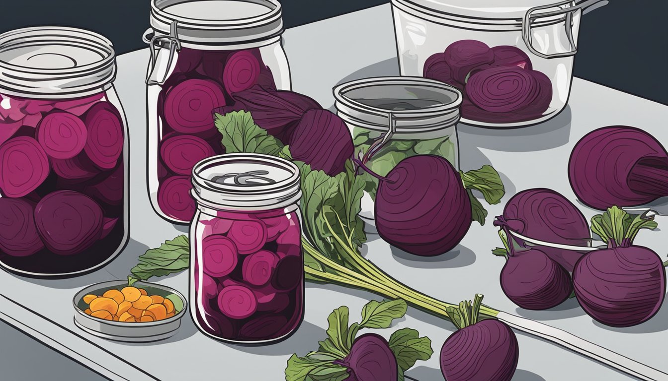 Beets being washed, peeled, and sliced. Jars, lids, and canning equipment laid out on a clean kitchen counter