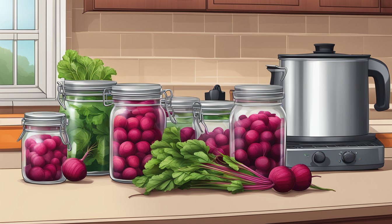 A kitchen counter with fresh beets, a pot of boiling water, jars, and canning equipment