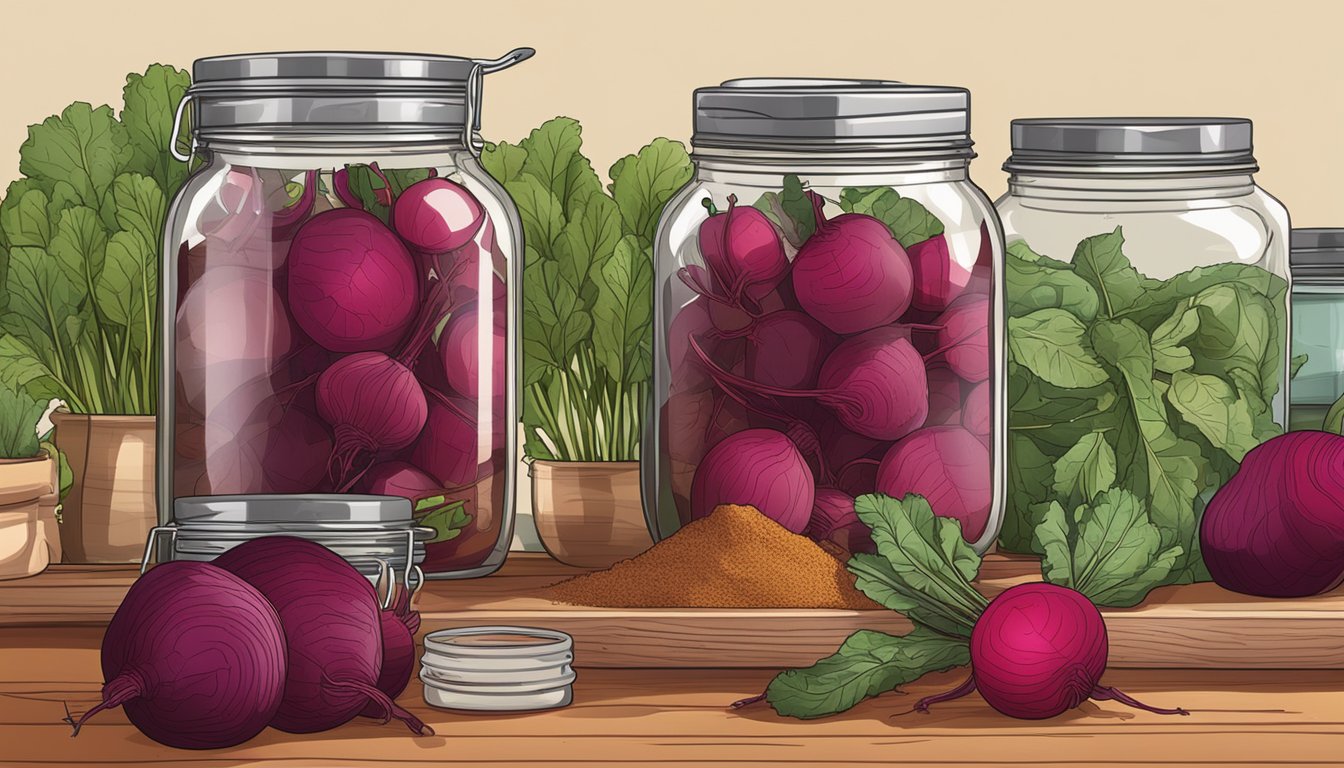 A kitchen counter with fresh beets, a pot of boiling water, canning jars, and various spices and flavorings laid out for canning