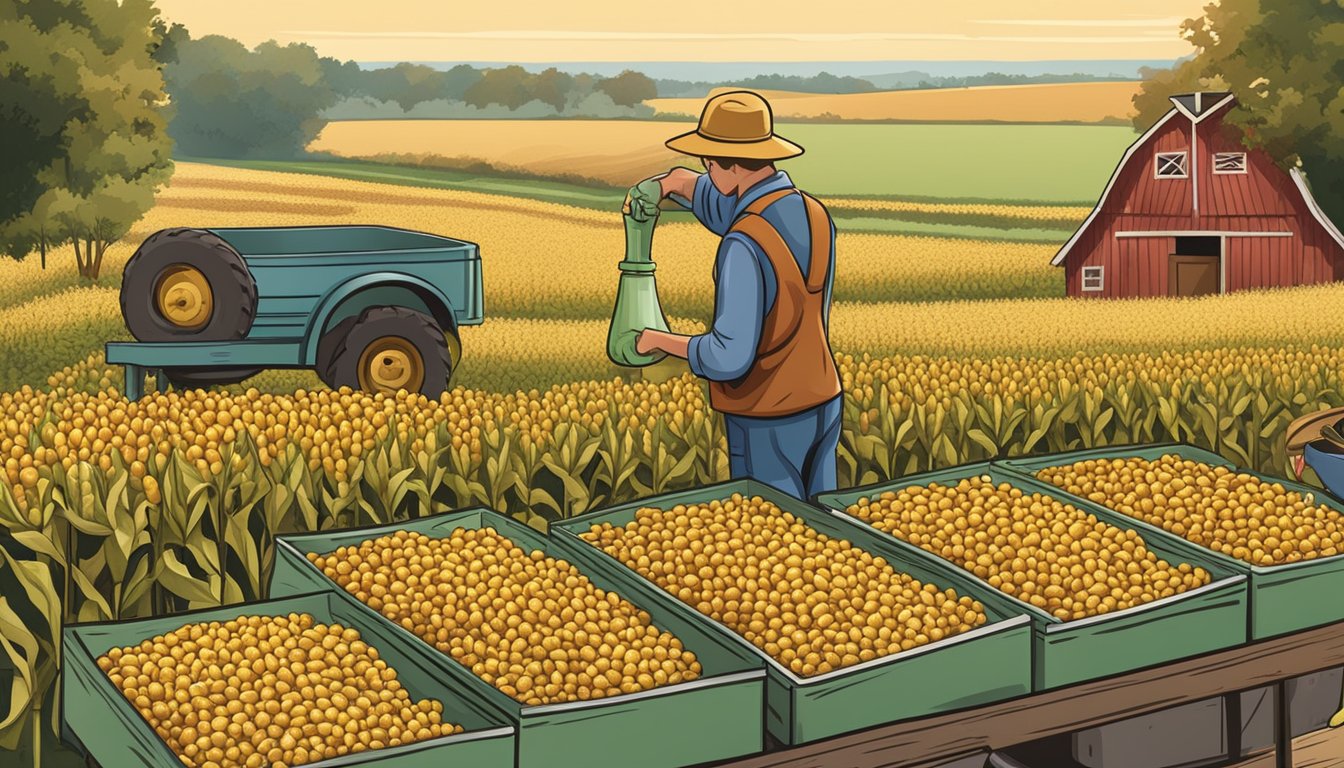 A farmer harvesting different varieties of corn, with a canning station in the background