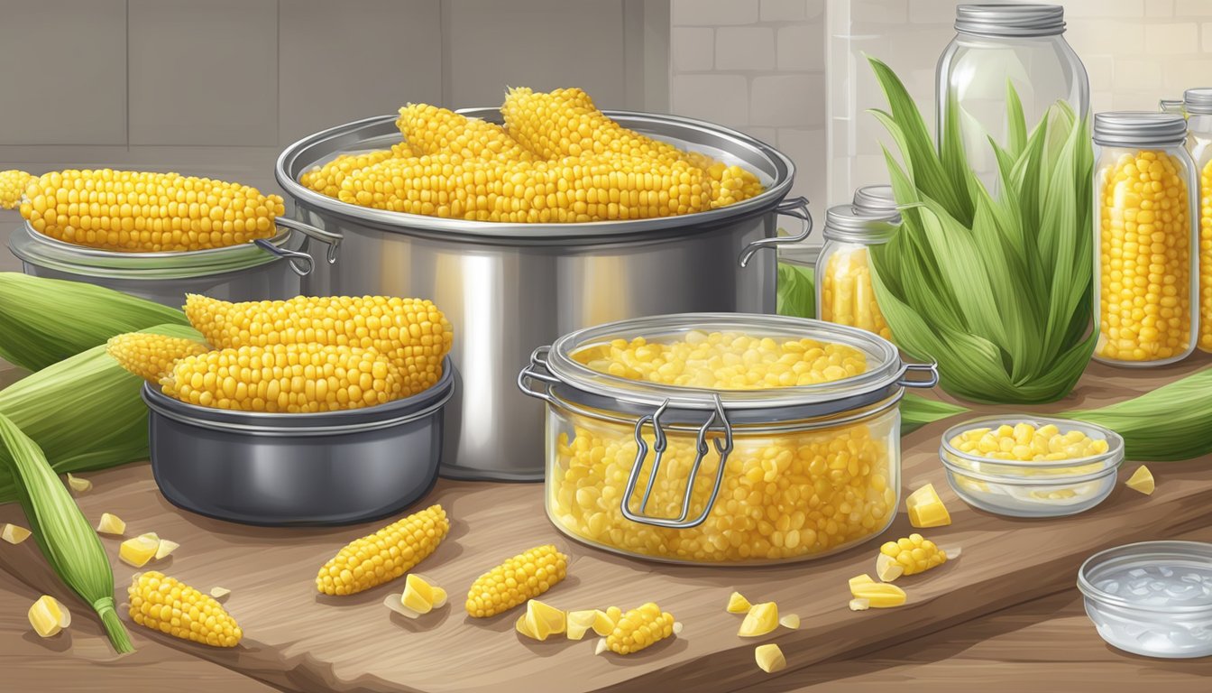 Fresh ears of corn being shucked and cleaned, then boiled in a large pot of water before being carefully packed into glass canning jars