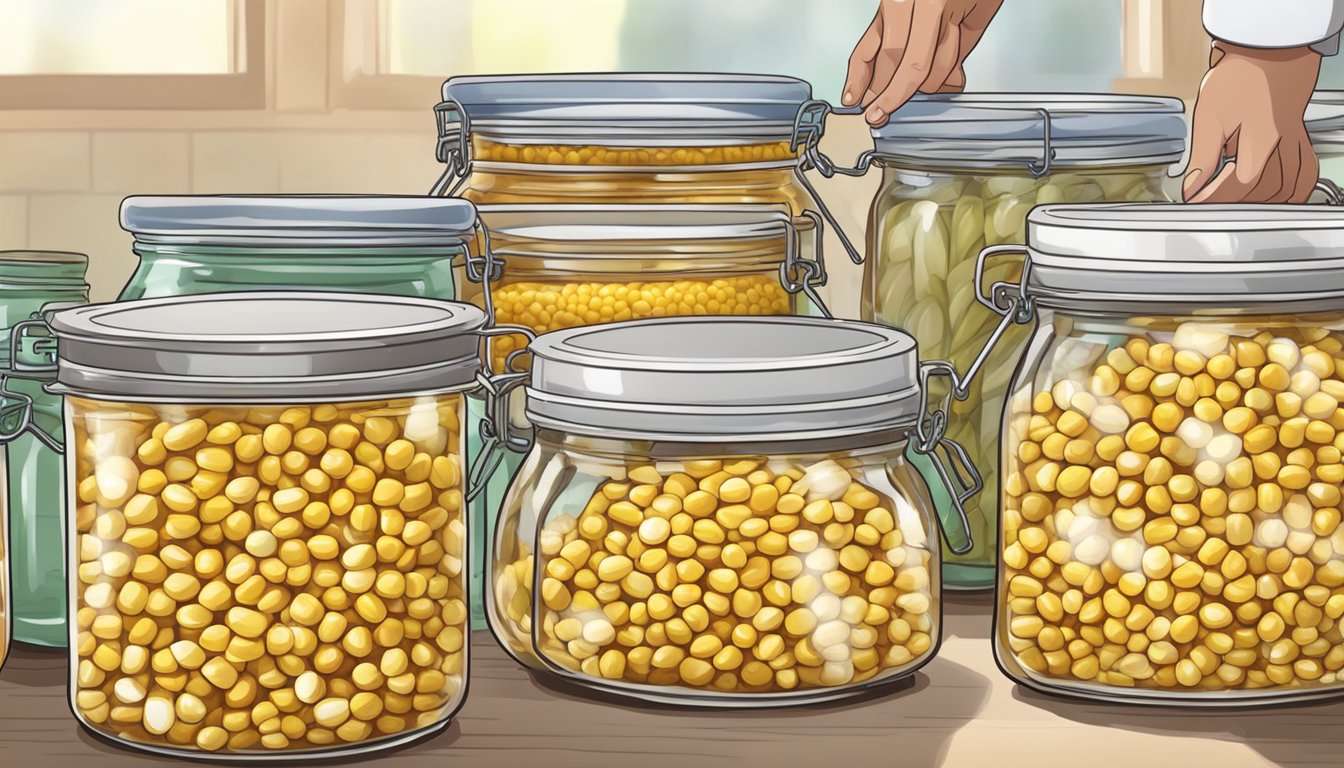 A person filling glass jars with cooked corn and sealing them with lids for preservation