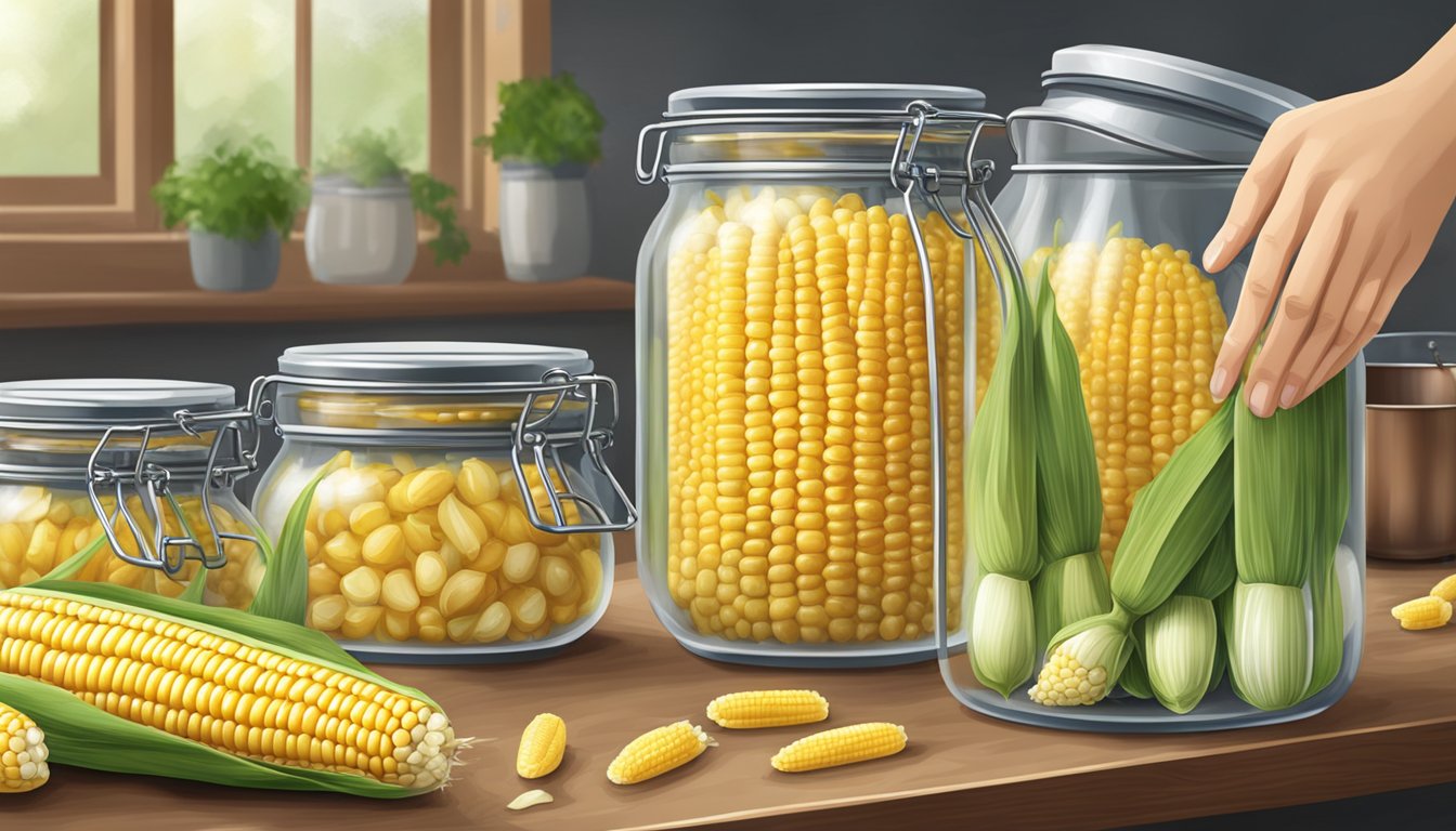 Fresh corn being carefully placed into glass jars, sealed with metal lids, and submerged in a large pot of boiling water for canning