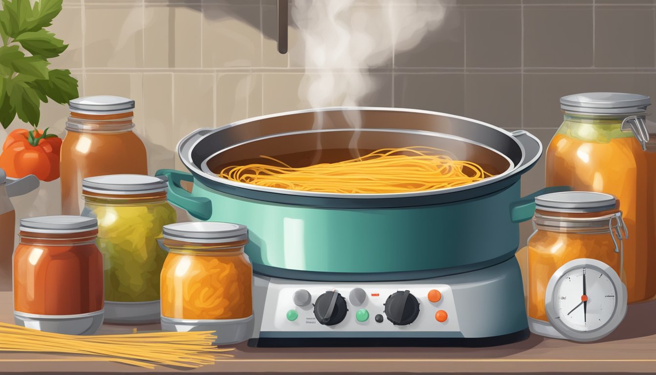 A pot of homemade spaghetti sauce boils on a stovetop, surrounded by jars, lids, and a canning funnel. A thermometer and timer sit nearby