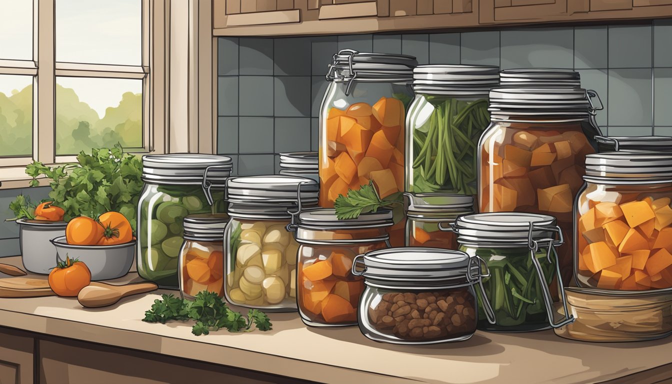 A kitchen counter with ingredients, a pot of beef stew, and canning jars ready for processing