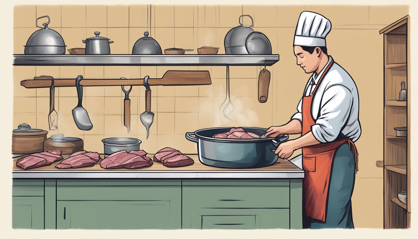 A butcher cutting and trimming duck meat, while a pot of boiling water sits nearby for canning