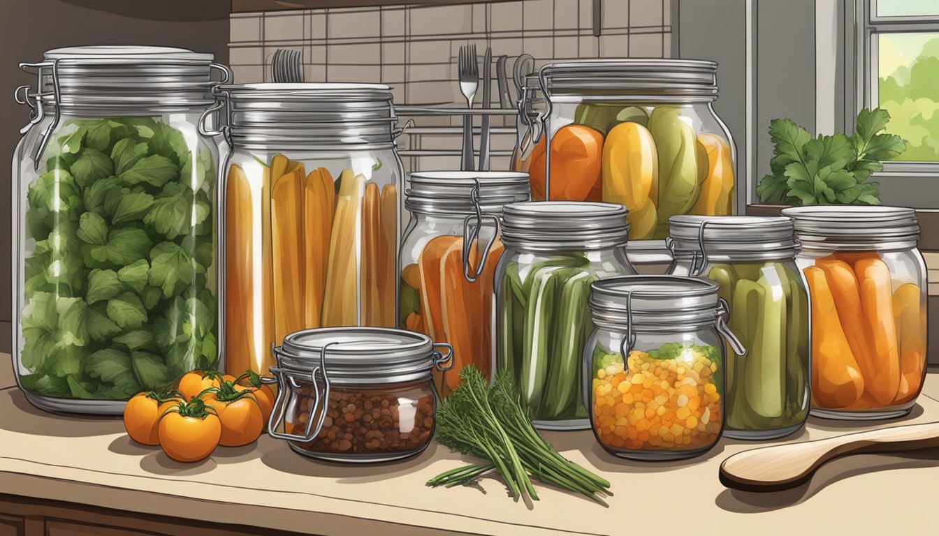 A kitchen counter with jars, pressure canner, fresh ingredients, and cooking utensils for canning beef stew