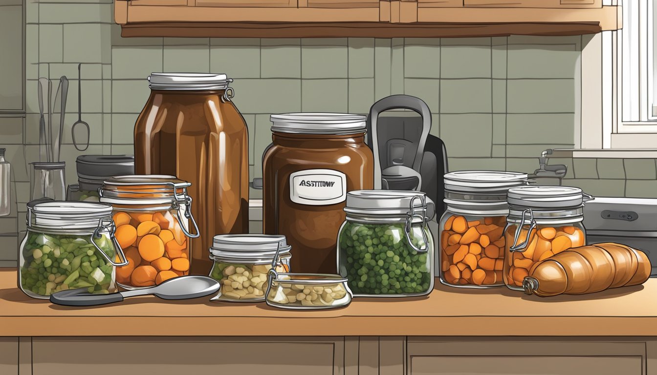 A kitchen counter with jars of beef stew, a pressure canner, and various canning tools