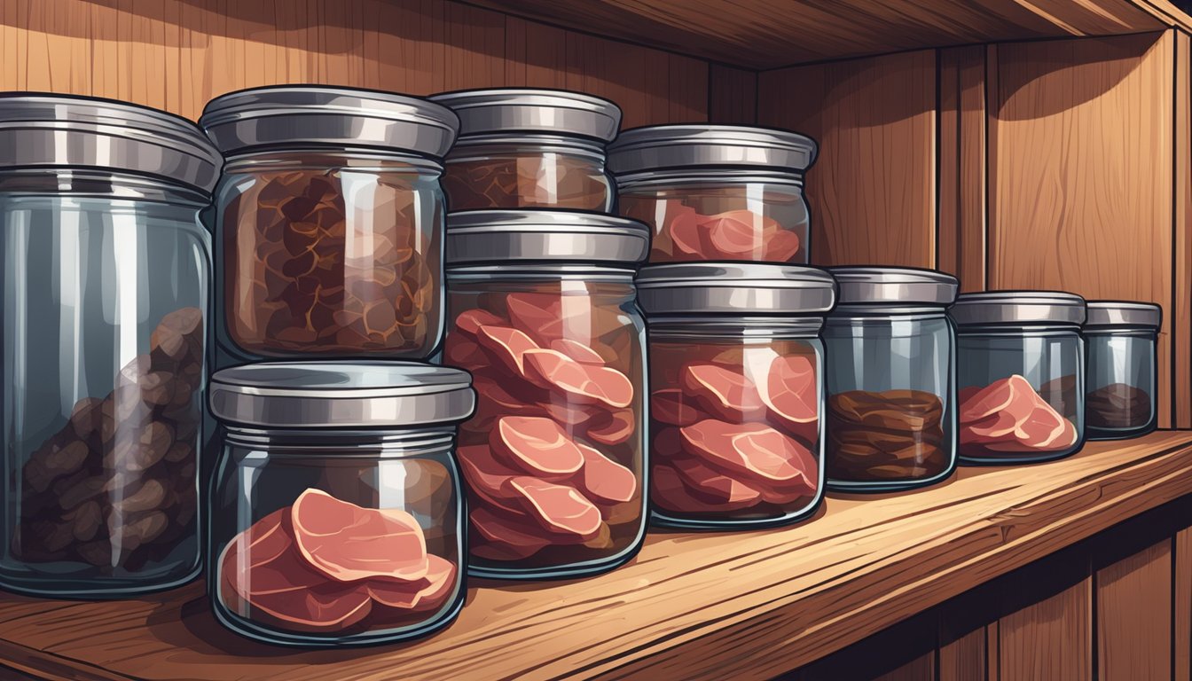 Duck meat being sealed in glass jars with metal lids, arranged on a wooden shelf in a cool, dimly lit pantry