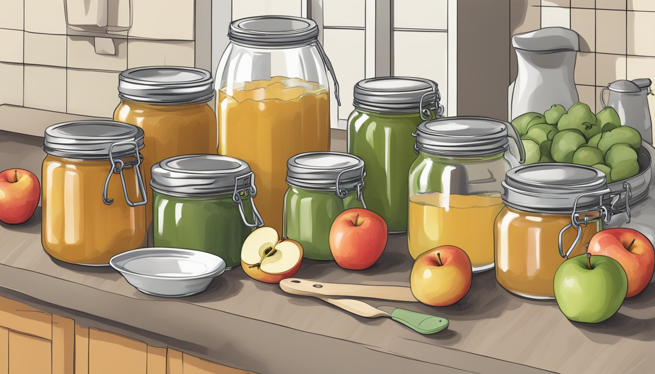 A kitchen counter with jars of homemade applesauce and canning supplies scattered around