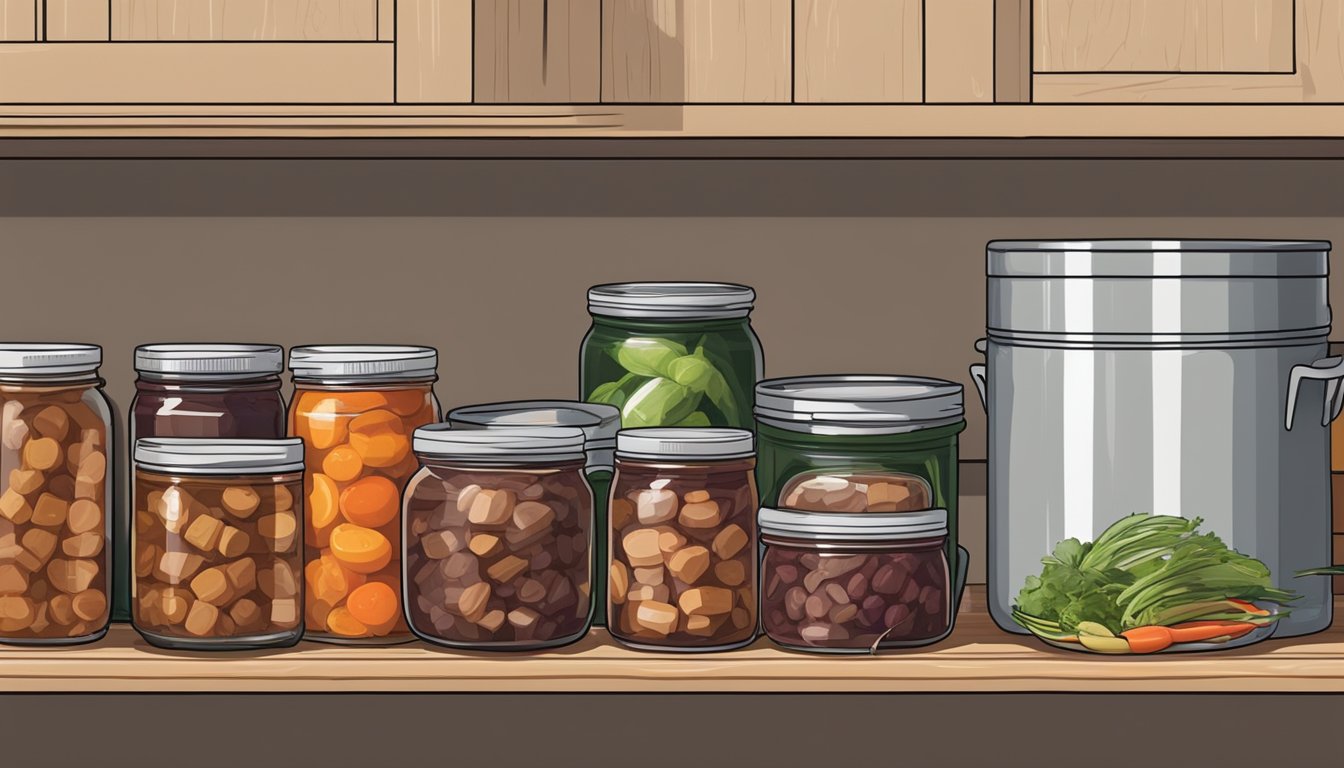 A shelf filled with jars of canned beef stew, alongside a pressure canner and various ingredients