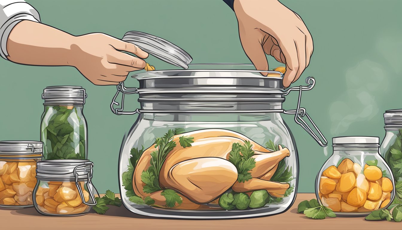 Freshly cooked turkey being carefully packed into glass jars, sealed with metal lids, and placed in a large pot of boiling water for canning