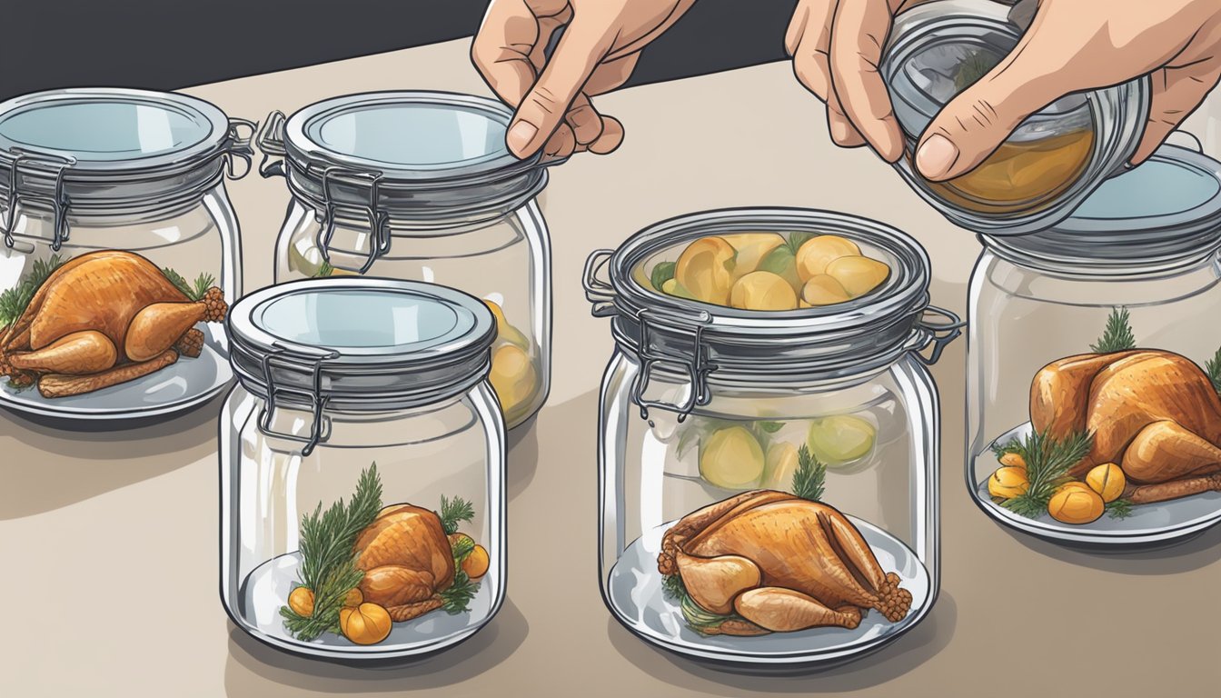 A person placing cooked turkey into glass jars, sealing them with lids, and placing them into a large pot of boiling water for canning