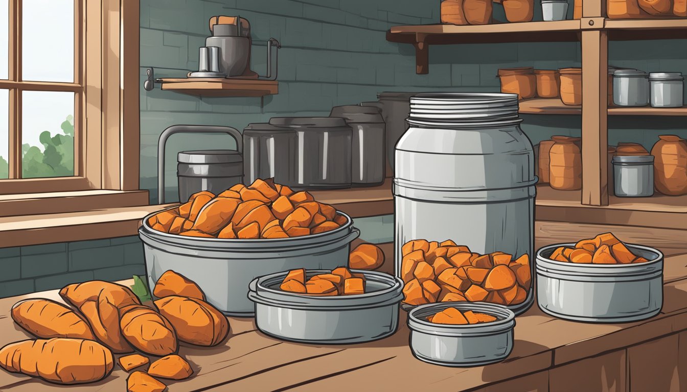 Fresh sweet potatoes being peeled, sliced, and placed into canning jars. Jars are then sealed and placed into a large pot of boiling water for processing