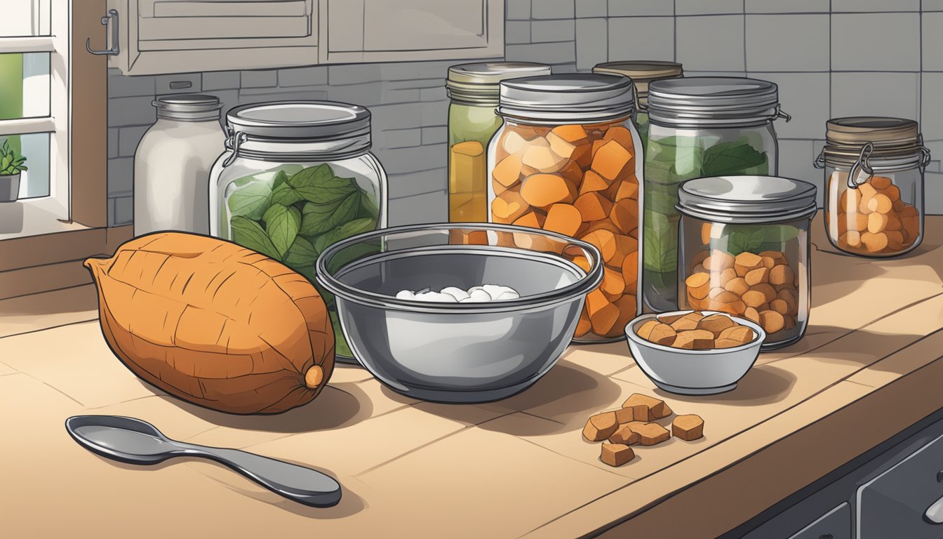 A kitchen counter with a bowl of sweet potatoes, a pot of boiling water, and various canning supplies