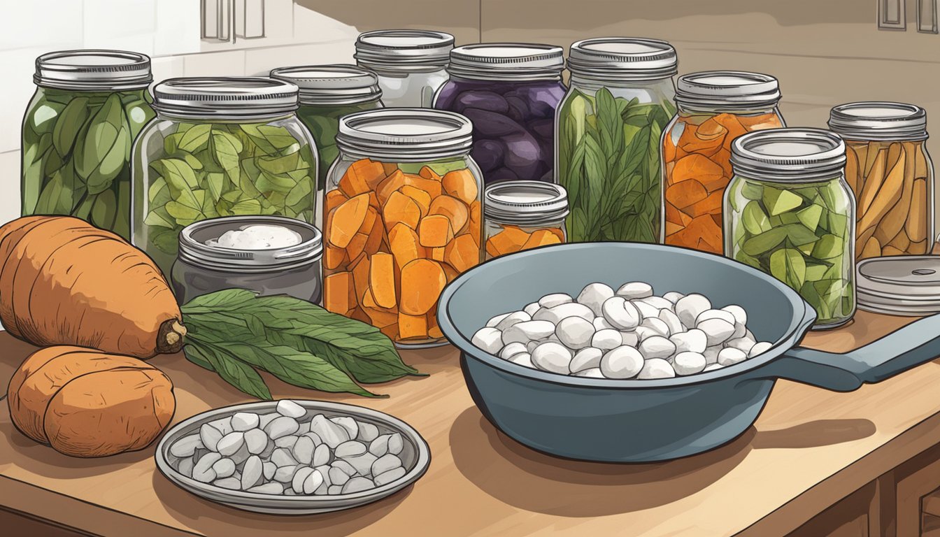 A kitchen counter with various canning supplies and sweet potatoes being prepared for canning