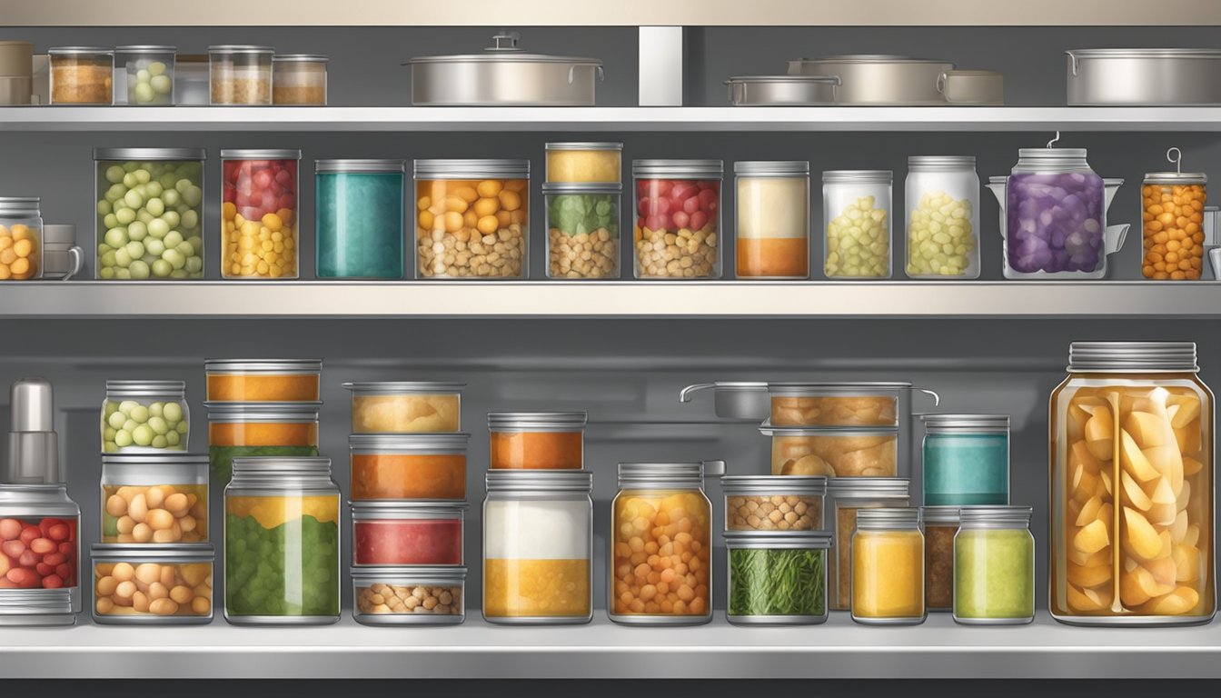 A kitchen counter with rows of canned turkey, a pressure canner, and various utensils for preparing and storing the canned meat